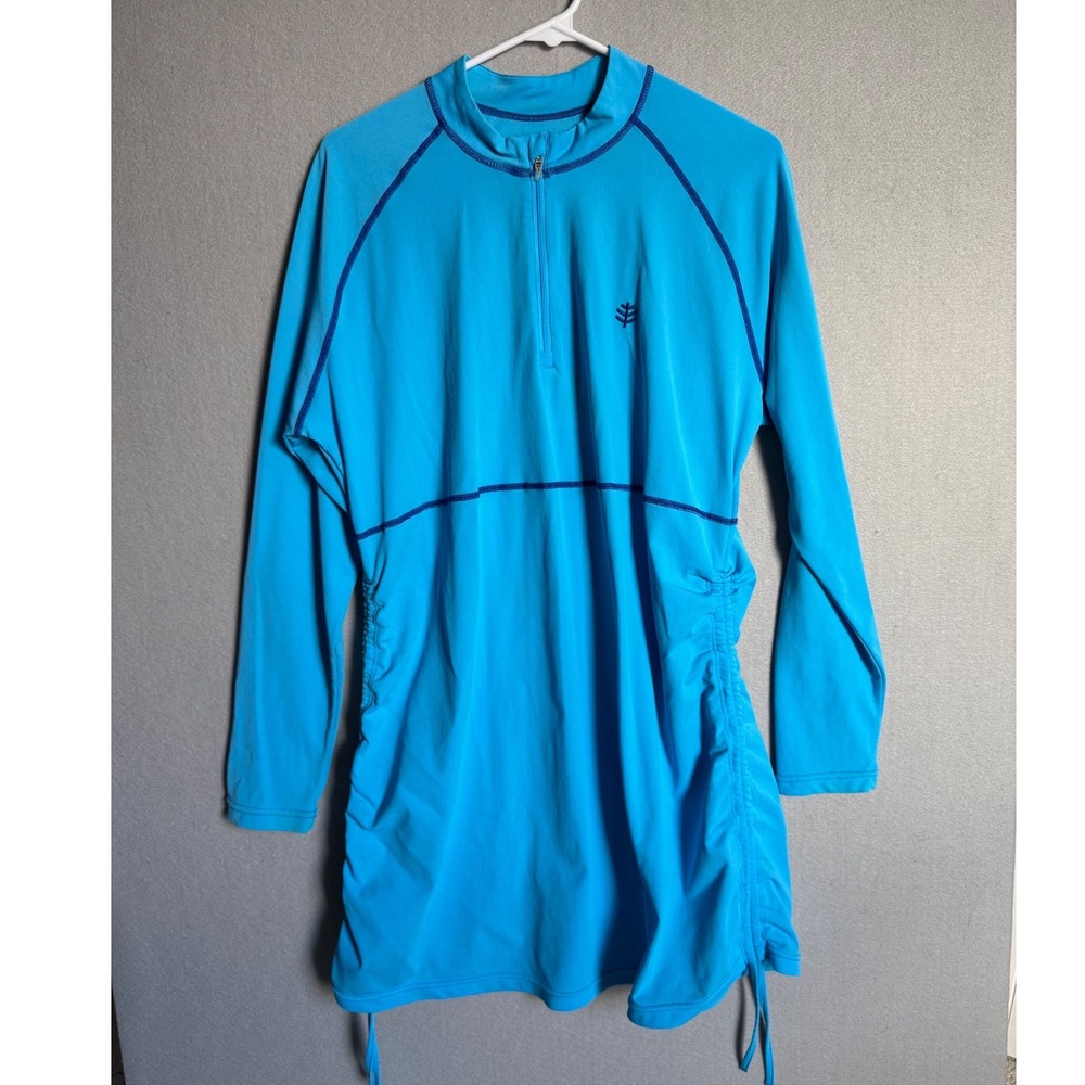 Coolibar Rash Guard Women XL Blue Swim Tunic UPF 50+ Quarter Zip Ruched Side